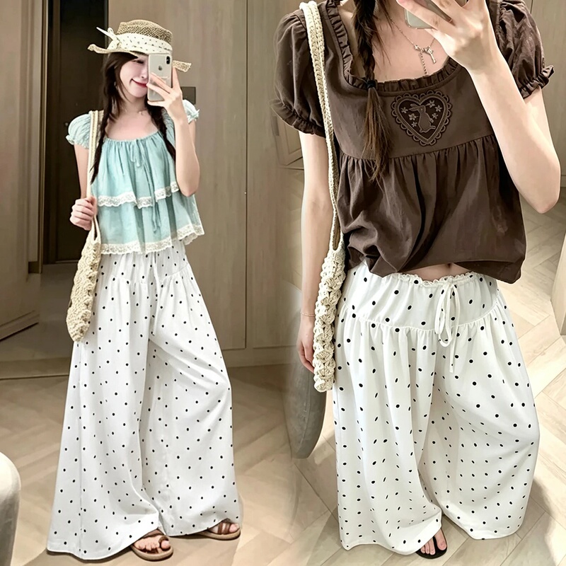Maternity Pants 2026 Summer Thin Polka Dot Wide-Leg Pants with a Lazy Style Drawstring Design, Loose and Slimming Casual Long Pants Maternity Pants 2026 Summer Thin Polka Dot Wide-Leg Pants with a Lazy Style Drawstring Design, Loose and Slimming Casual Long Pants
