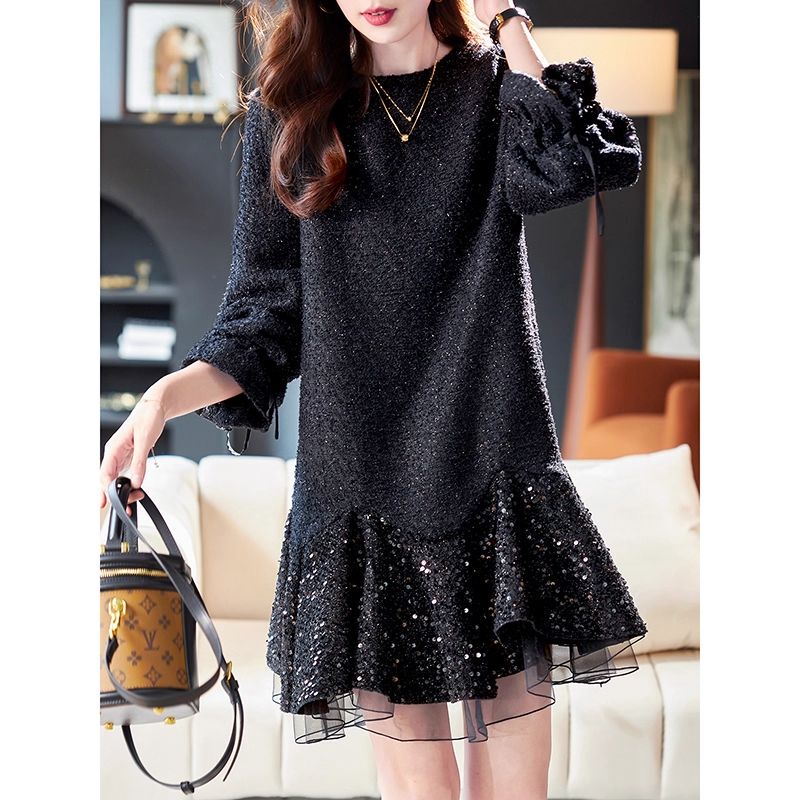 Mesh Patchwork Sequin Dress for Women 2026 Spring and Autumn New Style Loose and Versatile Elegant Age-Reducing Fashionable Mid-Length Skirt