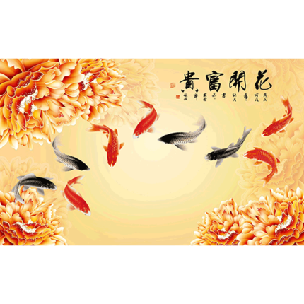 新中式壁畫客廳電視背景牆壁紙牡丹花牆紙沙漠玫瑰開影視牆布九魚圖 新中式壁畫客廳電視背景牆壁紙牡丹花牆紙沙漠玫瑰開影視牆布九魚圖