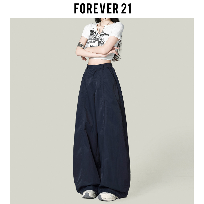 Forever 21 Retro Dark Blue Scimitar Casual Pants for Women, Stylish High-Waisted Loose Super Cool Wide-Leg Pants