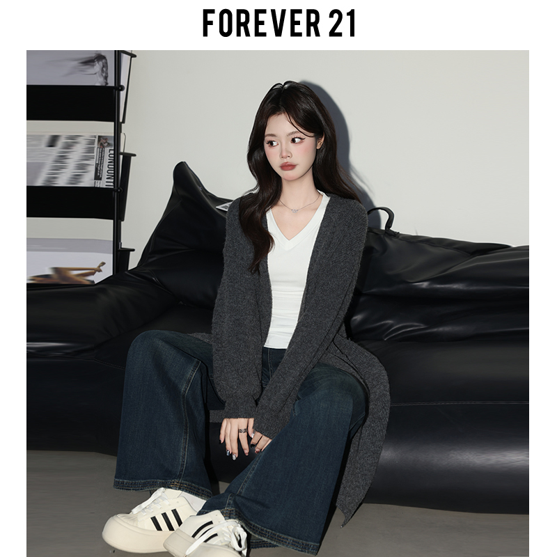 Forever 21 Super Stylish Gray Lazy Knit Sweater for Women, Korean Retro Loose Long Sweater Coat Top