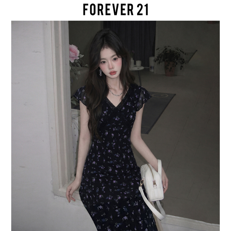 Forever21 French-Style Black V-Neck Floral Dress for Women, Summer Waist-Cinching Slimming Flutter-Sleeve Tea Break Long Dress