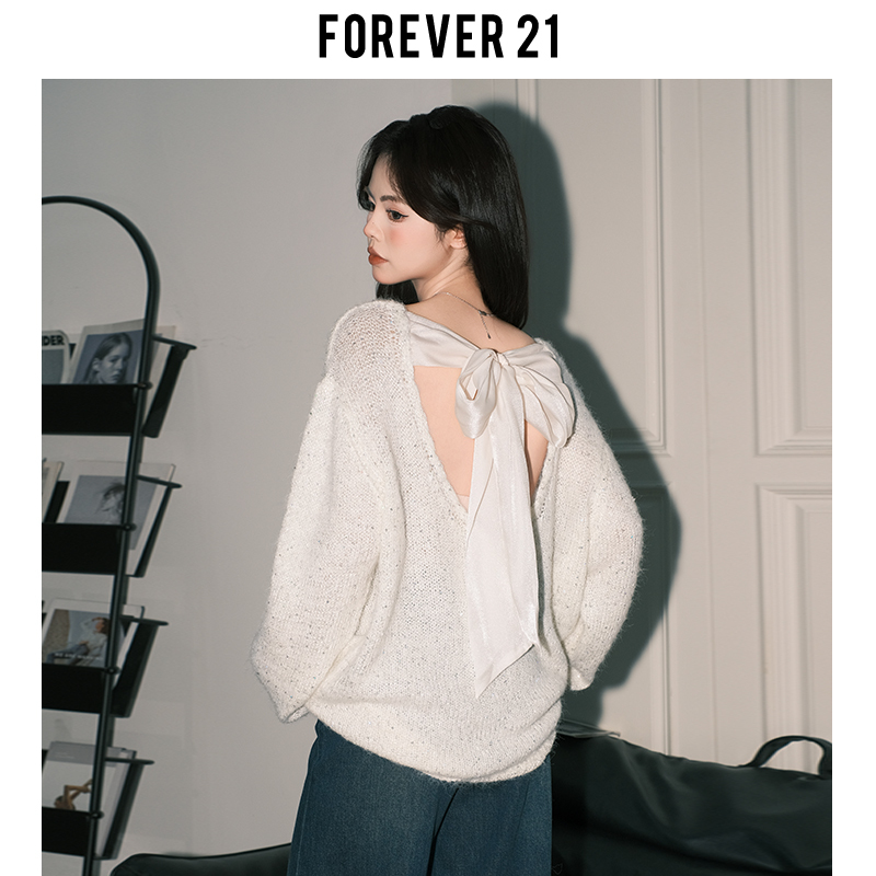 Forever 21 Korean Style Soft Bow Tie Sweater for Women, French Style White Loose Backless Long-Sleeved Knitwear