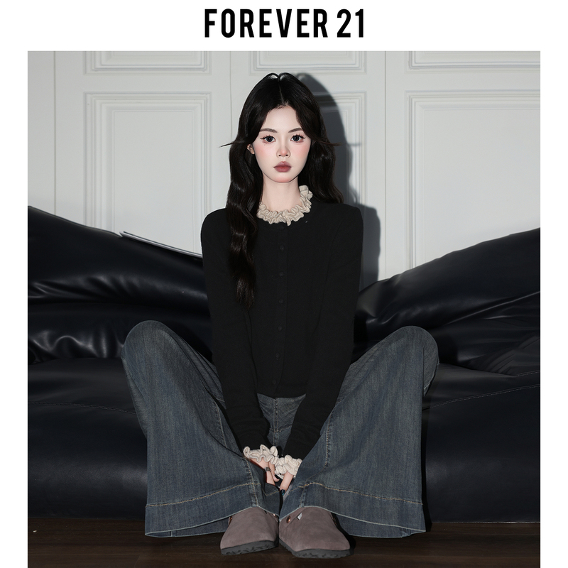 Forever21 Stylish Black Round-Neck Loose Knit Sweater for Women with Unique Ruffled Long Sleeves ins Cardigan Top