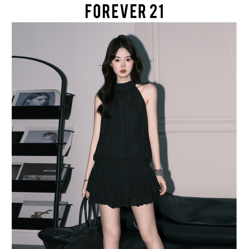 Forever 21 Korean Style Black Halter Neck Spaghetti Strap Dress for Women, Summer Elegant Ruffled Sleeveless Tiered Mini Dress