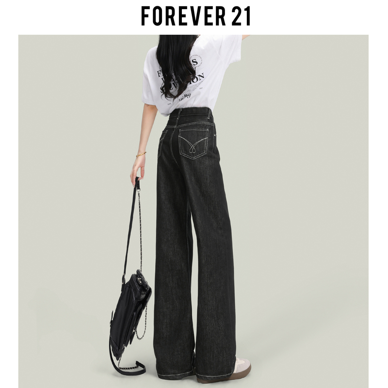 Forever 21 American-Style Black High-Waisted Slim-Fit Jeans for Women, Spring Season, Super Popular, Loose and Drapey Pear-Shaped Straight-Leg Pants