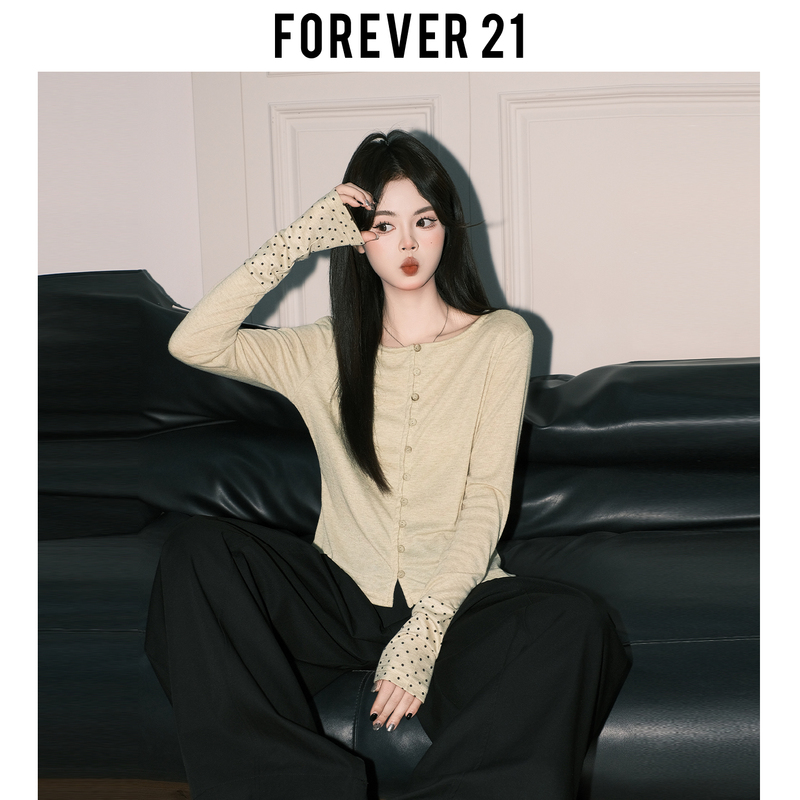 Forever 21 Korean Style ins Round Neck Polka Dot Patchwork T-Shirt for Women, Beautiful Oatmeal Long-Sleeve Fake Two-Piece Top