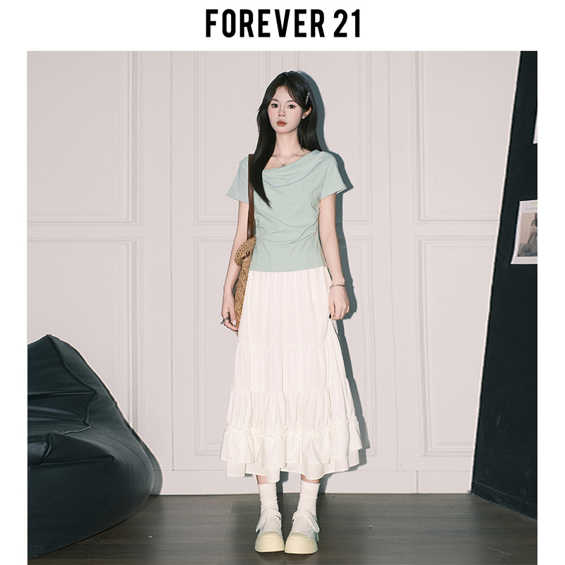Forever21 Korean Style Gentle White A-Line Chiffon Skirt for Women, Spring High-Waisted Drapey Large Hem Tiered Long Skirt Forever21 Korean Style Gentle White A-Line Chiffon Skirt for Women, Spring High-Waisted Drapey Large Hem Tiered Long Skirt