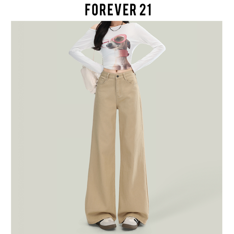 Forever 21 American High Street Khaki Wide-Leg Jeans for Women, Autumn and Winter Retro High-Waisted Loose Straight Pants