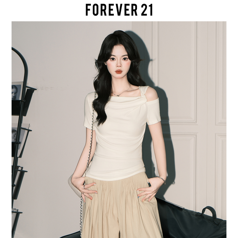 Forever21 Light Mature Style Apricot Irregular Twist Top Women's Summer Slim Off-Shoulder Korean Chic Short-Sleeved T-Shirt