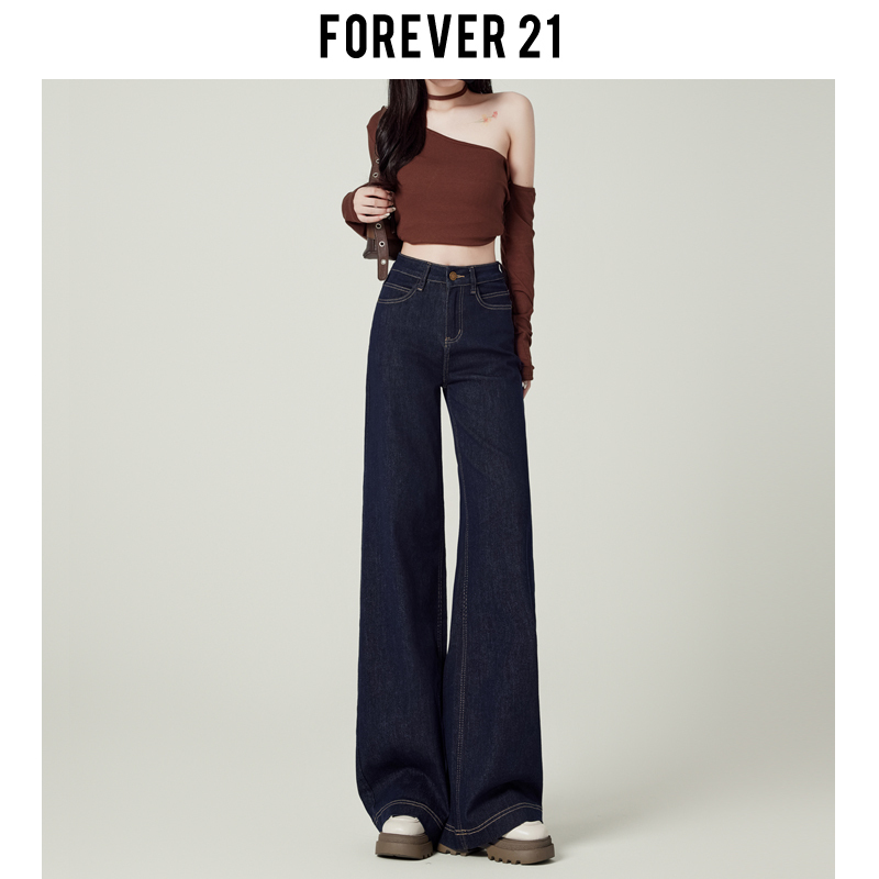 Forever 21's Trendy Denim Blue Slim-Fit Wide-Leg Jeans for Women, American-Style High-Waisted Loose Straight Pants Forever 21's Trendy Denim Blue Slim-Fit Wide-Leg Jeans for Women, American-Style High-Waisted Loose Straight Pants
