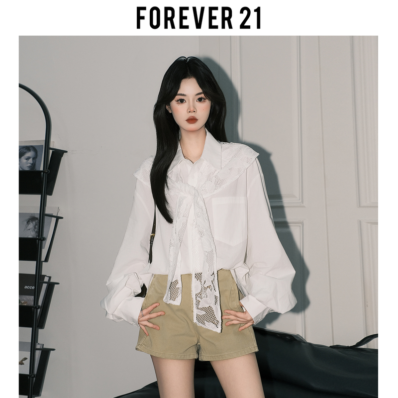 Forever21 French-Style White Polo Collar Lace Shawl Shirt for Women ins Loose Casual Cardigan Elegant Top