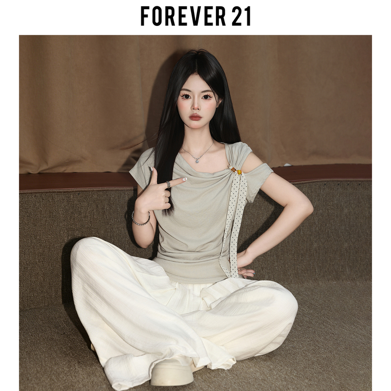 Forever21 Atmospheric Khaki Swing Collar Short-Sleeved Top for Women, Unique Polka Dot Ribbon Blouse, Waist-Cinching Off-Shoulder T-Shirt