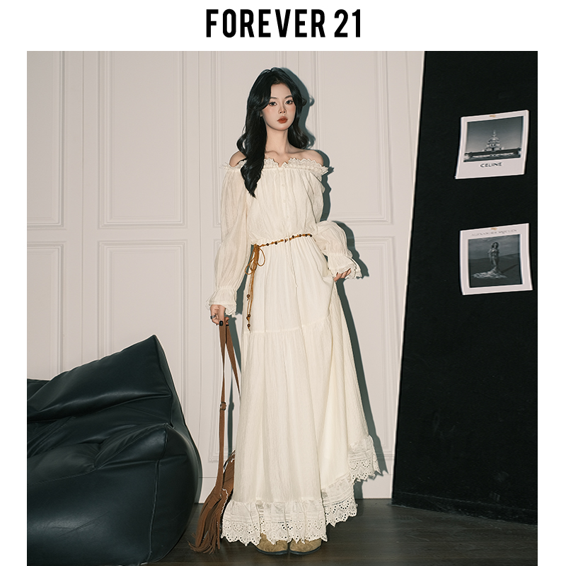 Forever21 フレンチレースワンショルダードレス 女性用 ボヘミアン ホリデー ロングドレス 美しいアプリコット Aラインスカート
