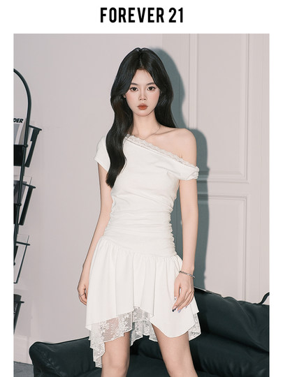 Forever21 Beautiful Pure Desire-vestido de encaje con hombros descubiertos para mujer, falda corta asimétrica de cintura blanca francesa, corte en A