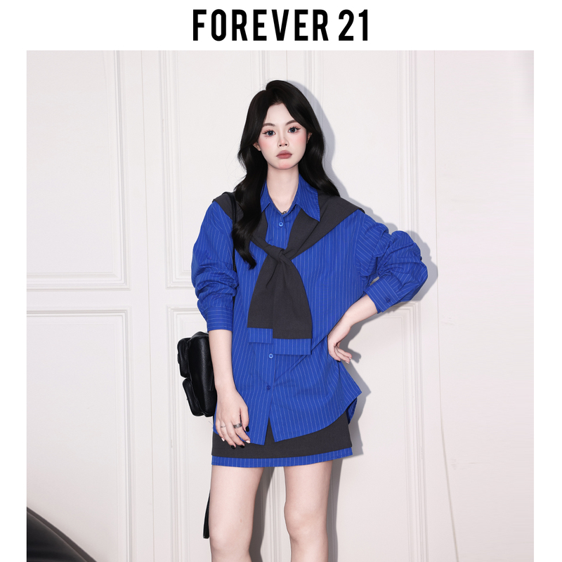 Forever21 Klein Blue Long-Sleeved Lapel Shawl Shirt for Women, A-Line Suit Skirt, Korean Style, Stunning Complete Set Forever21 Klein Blue Long-Sleeved Lapel Shawl Shirt for Women, A-Line Suit Skirt, Korean Style, Stunning Complete Set