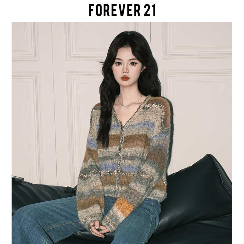 Forever21 Soft and Beautiful Color-Blocked Knitted Cardigan for Women, Spring Loose Top, Sweater, Long-Sleeved V-Neck Jacket