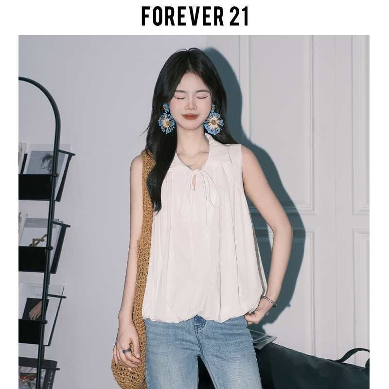 Forever21 Summer Beautiful White Collared Floral Crop Top for Women ins Tie-Up Sleeveless Vest Super Pretty Top