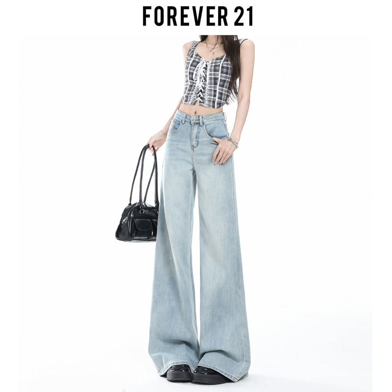 Forever 21 American-Style Light Blue Low-Waist Design Jeans for Women, Versatile, Loose, Non-Tight, Drapey Wide-Leg Pants