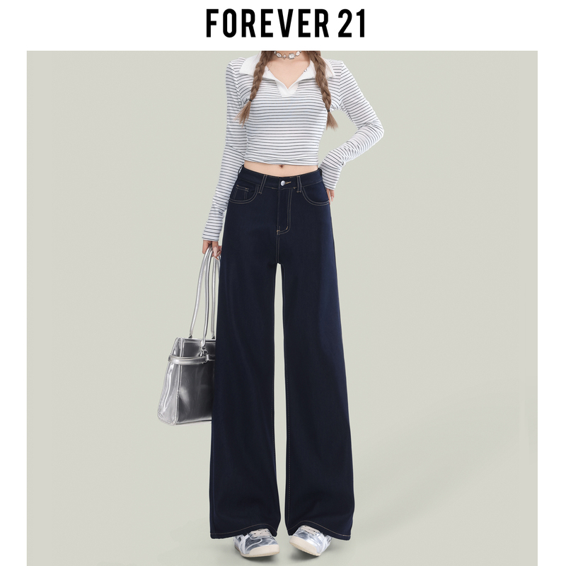Forever 21 American-Style Dark Blue High-Waisted Wide-Leg Jeans for Women, Spring and Autumn, Slim-Fit Pear-Shaped Straight Pants Forever 21 American-Style Dark Blue High-Waisted Wide-Leg Jeans for Women, Spring and Autumn, Slim-Fit Pear-Shaped Straight Pants