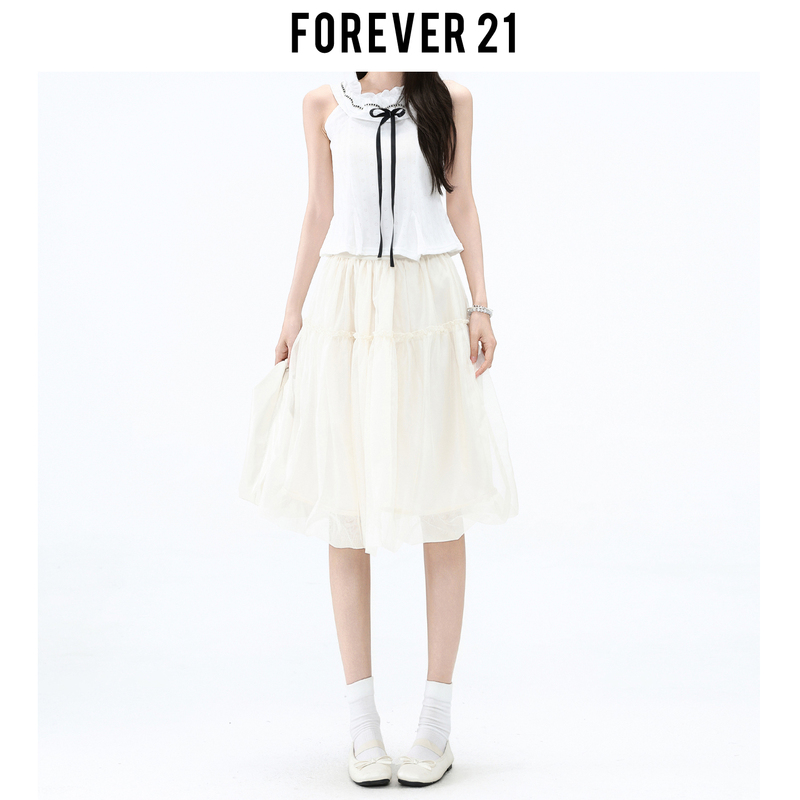 Forever21 French-Style Apricot High-Waisted Puffy Skirt for Women, Super Pretty Mesh Midi Skirt, A-Line Fairy Cake Skirt