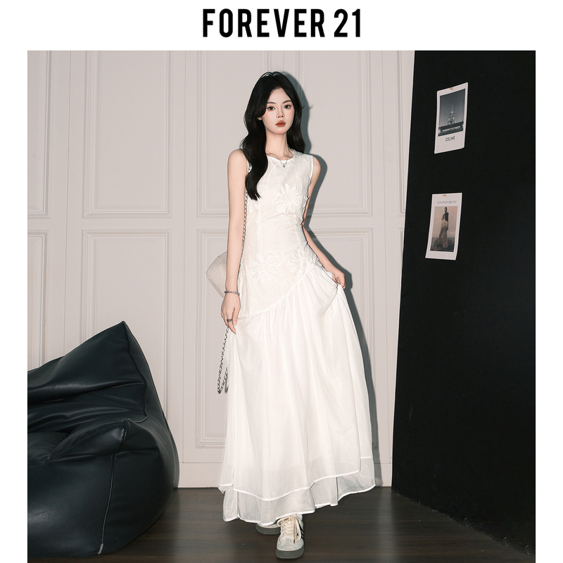 Forever 21 White Embroidered Floral Patchwork Sleeveless Dress for Women, Summer Elegant French-Style Long Dress with a Large Hem for Vacation Forever 21 White Embroidered Floral Patchwork Sleeveless Dress for Women, Summer Elegant French-Style Long Dress with a Large Hem for Vacation