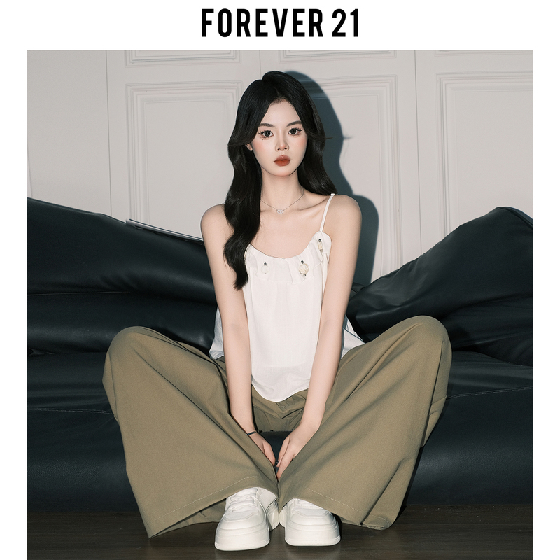 Forever21 Korean Style Ruffled U-Neck White Doll Camisole Women's Loose Chic Linen Tank Top Sleeveless Top