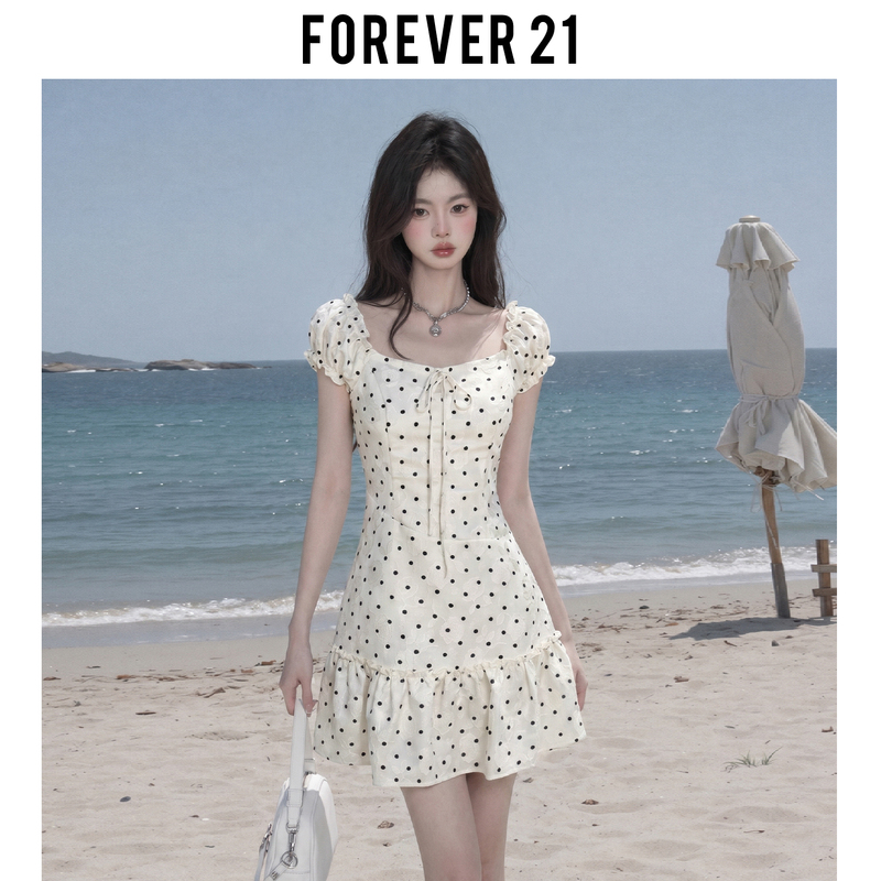 Forever21 Elegant Apricot Polka Dot Square Neck Dress for Women, French Style Waist-Cinching Puff Sleeve A-Line Tiered Mini Dress