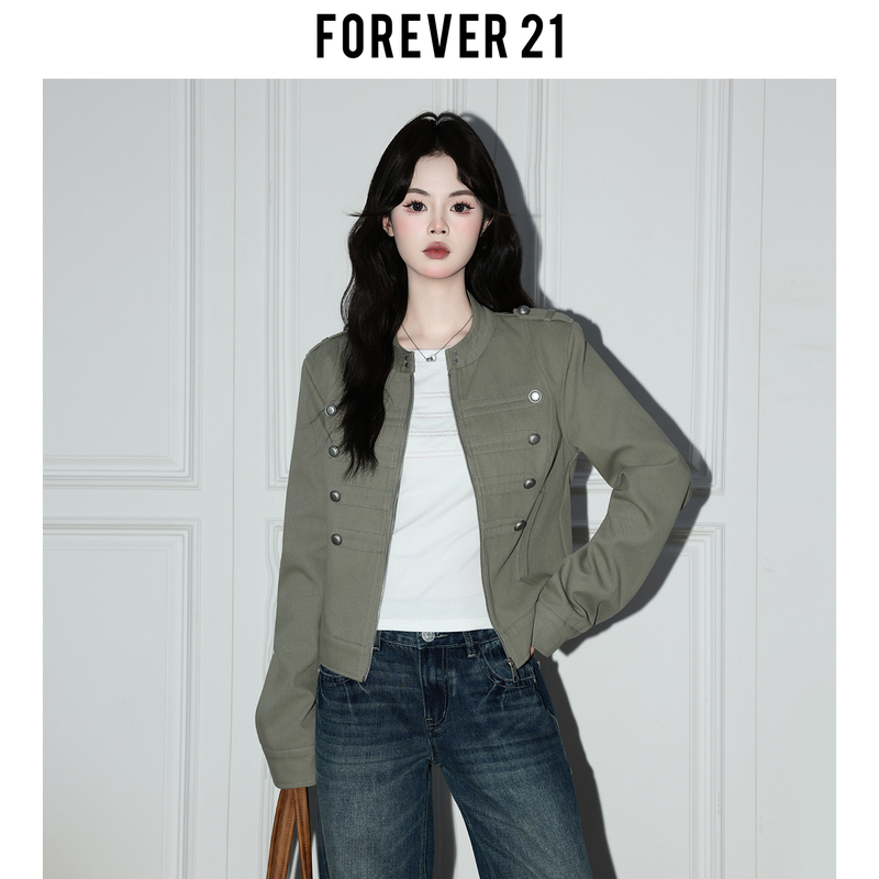 Forever 21 Unique Napoleon Army Green Loose Short Jacket for Women Early Autumn Chic Long-Sleeved Jacket Top Forever 21 Unique Napoleon Army Green Loose Short Jacket for Women Early Autumn Chic Long-Sleeved Jacket Top