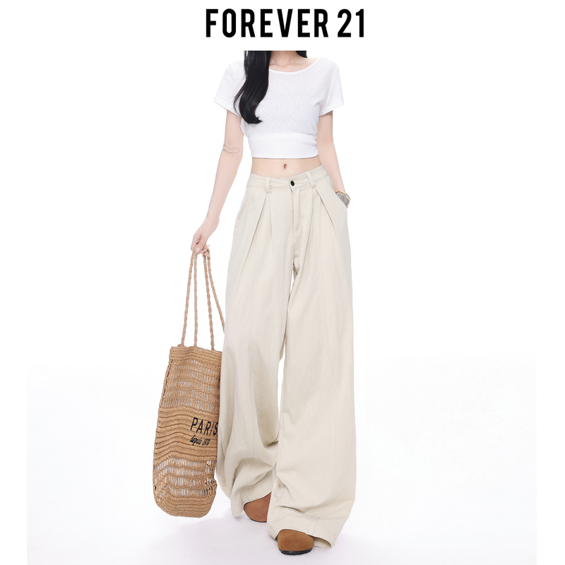 Forever 21 Retro Light Gray High-Waisted Casual Wide-Leg Pants for Women, Elegant Old Money Style, Drapey Loose Straight-Leg Pants