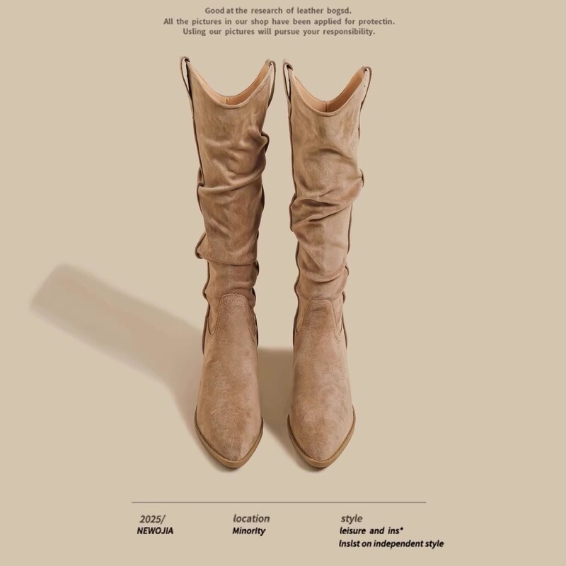 Autumn New Versatile Chunky Heel Pointed Toe V-Cut Riding Boots for Women, Vintage High-Heeled Wasteland Style Pleated Long Boots Autumn New Versatile Chunky Heel Pointed Toe V-Cut Riding Boots for Women, Vintage High-Heeled Wasteland Style Pleated Long Boots