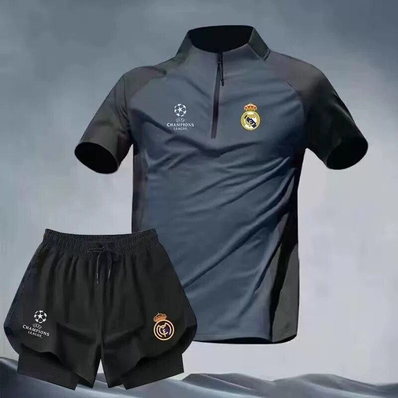 26 Real Madrid Barcelona Champions League Football Training Suit Quick-Drying Sports Suit Running Fitness Half-Zip Short-Sleeved Shorts