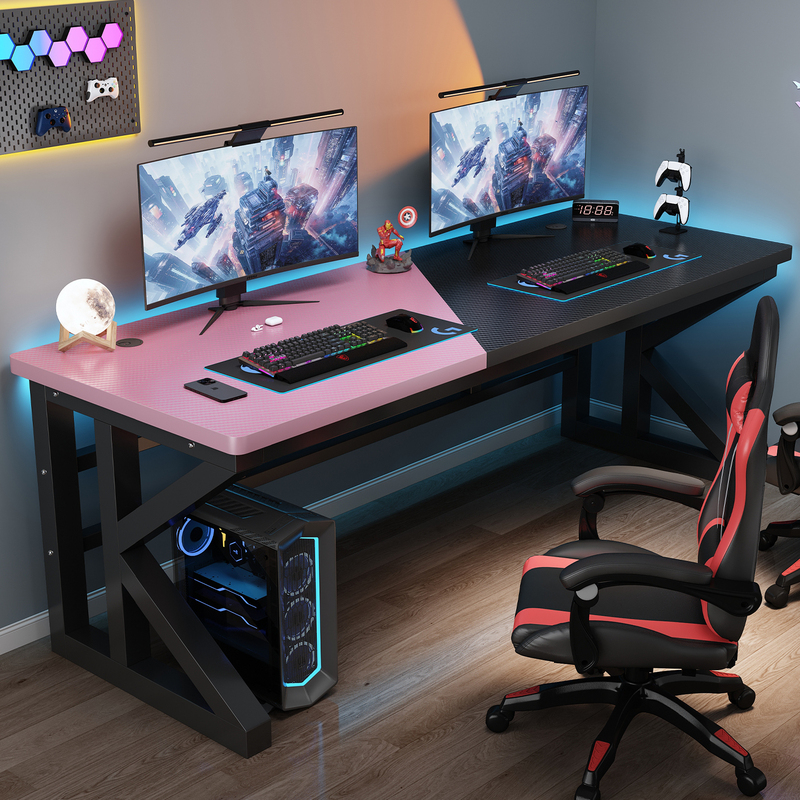 Computer Desk, Desktop Desk, Bedroom Simple Office Desk, Gaming Table and Chair Set, Carbon Fiber Pattern Double Gaming Table