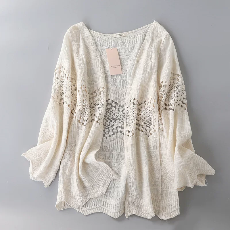 Летняя кружевная хлопковая кофта cardigan с длинным рукавом, одежда с защитой от солнца, накидка, куртка, оверсайз