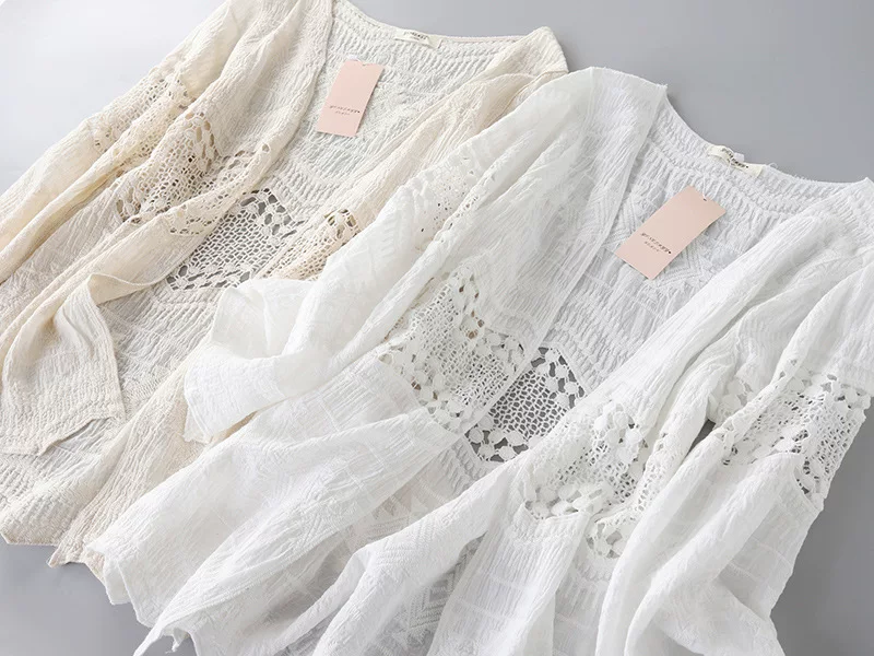 Летняя кружевная хлопковая кофта cardigan с длинным рукавом, одежда с защитой от солнца, накидка, куртка, оверсайз