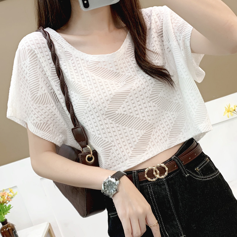 2026 Summer New Style Mesh Batwing Sleeve T-Shirt Pullover Loose Outerwear Lace Top Versatile Short Hollow Out Blouse for Women