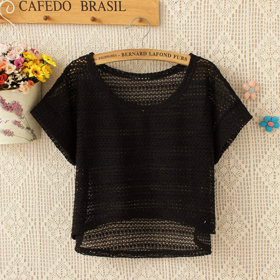 2024 spring and summer popular women's net shirt hollow lace small blouse loose large size top short knitted sweater for women
