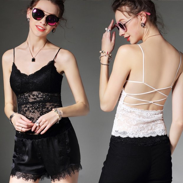 Mùa thu nữ dài phần đáy với dây đai màu đen backless chéo trở lại ống top ren ren ngực pad áo ngực su