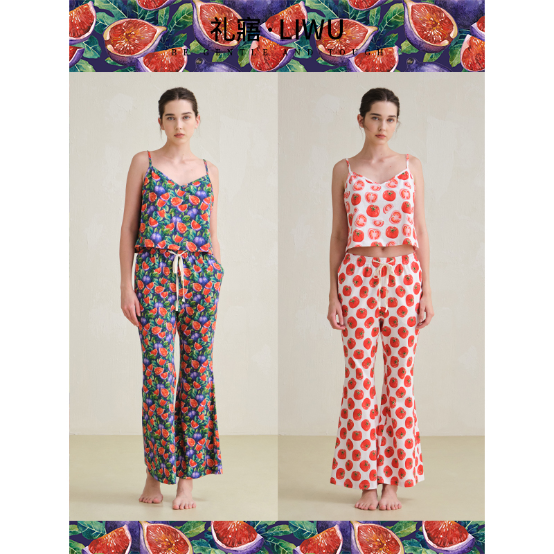 Liwu Summer New Holiday Style Pure Cotton Printed Camisole Flared Pants Pajamas for Women with Chest Pads Homewear Set