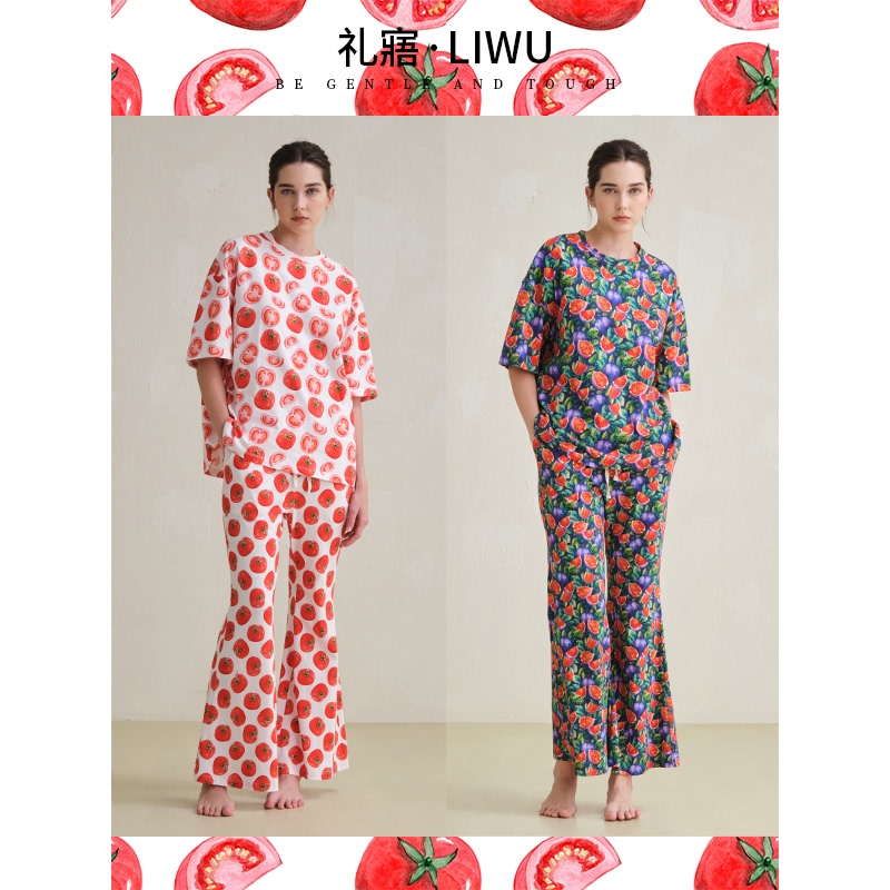 Liwu Home Vacation Summer New Fruit Print Pure Cotton T-Shirt and Flared Pants Two-Piece Set Women's Loungewear Set Liwu Home Vacation Summer New Fruit Print Pure Cotton T-Shirt and Flared Pants Two-Piece Set Women's Loungewear Set