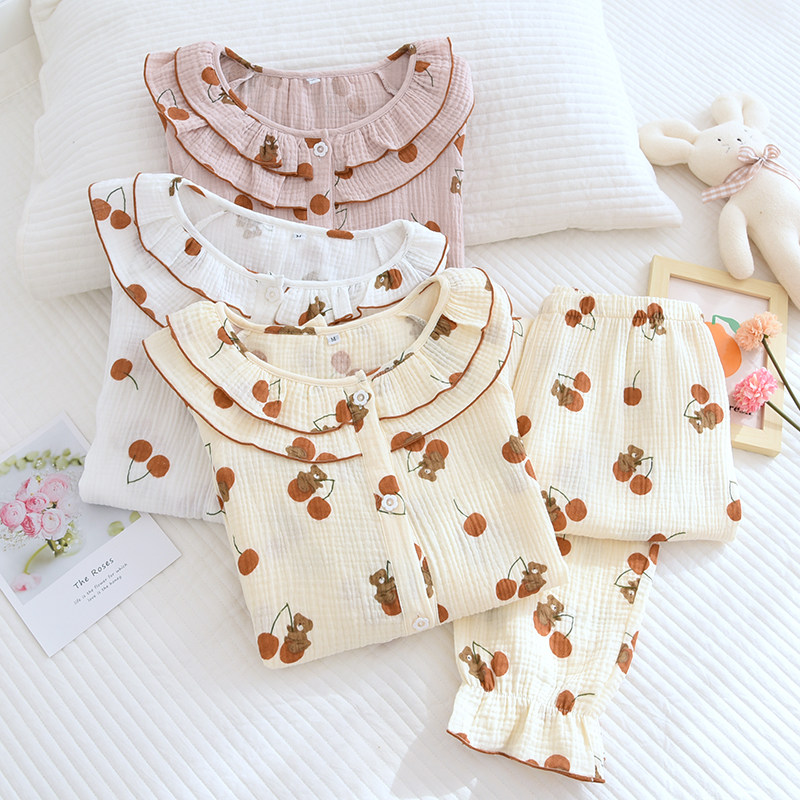 Day Department Cotton Cotton Pyjamas Woman Spring Autumn Double Layer Pure Cotton Cotton Cloth Round Collar Home Wear Autumn New Home Suit Suit Thin