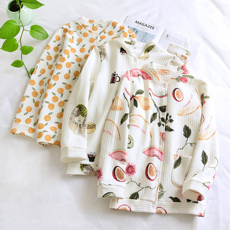 Single Piece Blouse Autumn Winter Pyjamas Lady Pure Cotton Thickened Air Cotton Warm Triple Clip Cotton Long Sleeve Home Thin