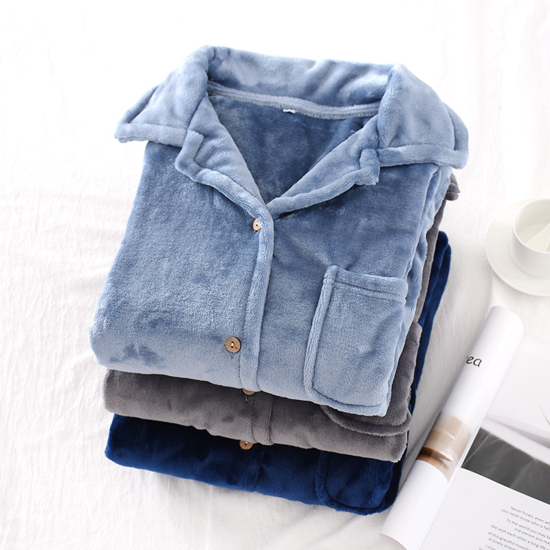 Flannel pajamas Men's long-sleeved top single autumn and winter coral velvet thickened warm loose large size home clothes