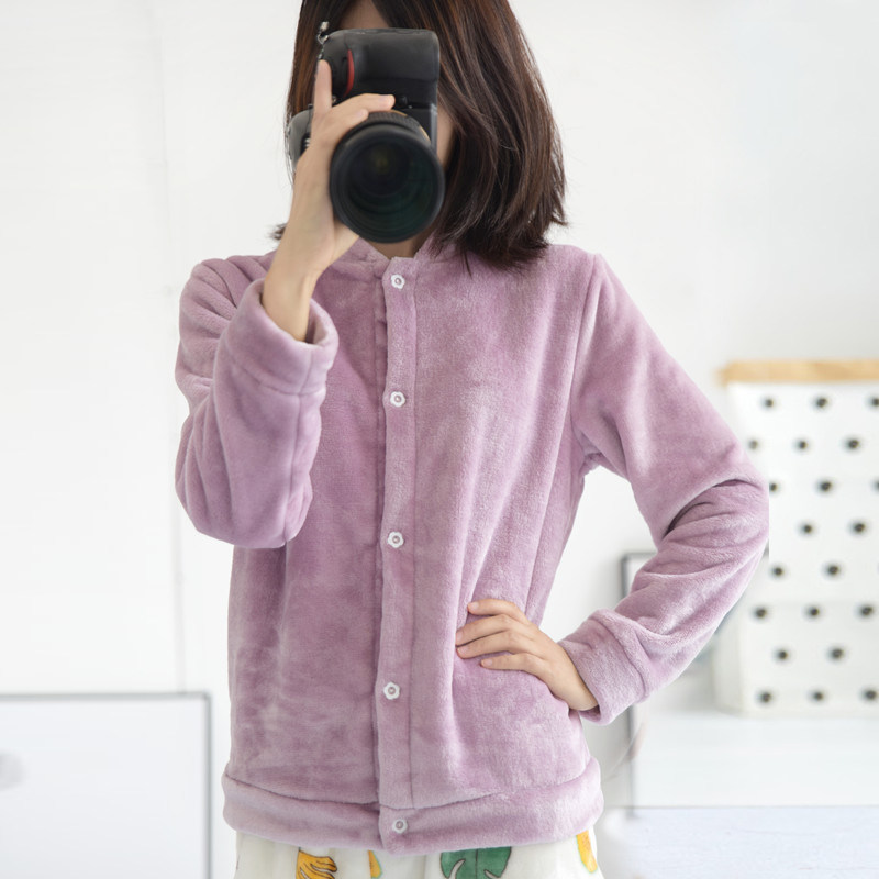Winter thickened coral fleece pajamas Ladies simple cardigan flannel homewear can be worn outside the autumn and winter warm tops