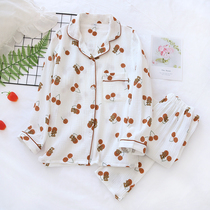 Pure Cotton Cotton Cloth Pajamas Woman Spring And Autumn Long Sleeve Open Shirt Thin can be outworn for autumn and winter models sweet and summer Home Residence Suits