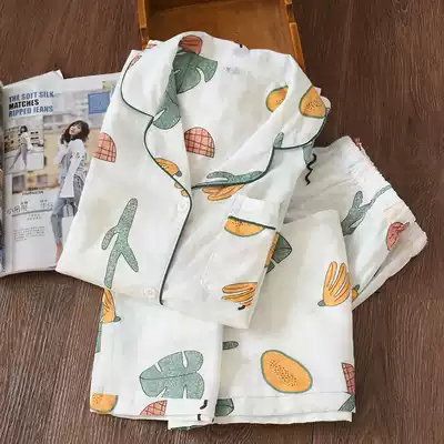 Couples Japanese spring and summer autumn cotton gauze pajamas men and women cotton loose summer home suit