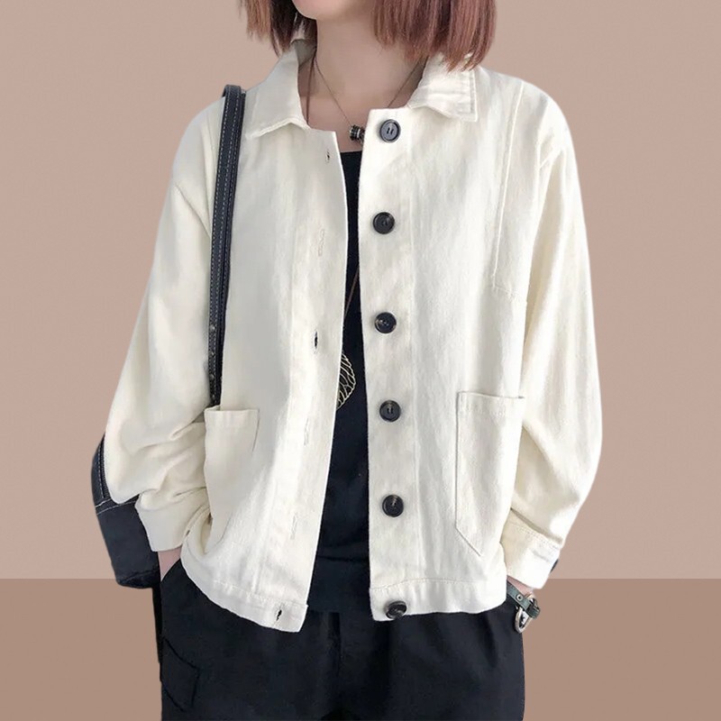 Plus Size Cotton Lapel Short Jacket Women's Spring Wear 2024 New Fashion Loose Casual Long-Sleeved Jacket Cardigan Top