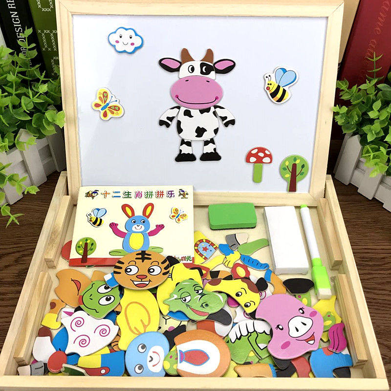 Multi-functional wood children's puzzle for intelligent brain kindergarten early teaching blocks assembly magnetic puzzle for boys and girls