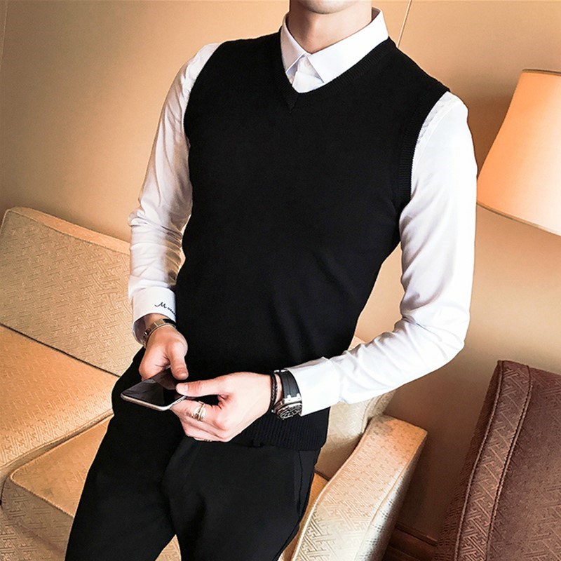 Vest nam mùa thu đông phiên bản Hàn Quốc của áo len thủy triều ấm áp đan áo len mỏng nam thanh niên áo len không tay áo khoác len hàn quốc