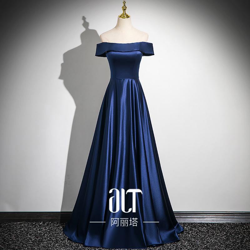 Adult Ceremony Navy Blue Simple and Elegant Annual Meeting High-End Satin Host Slimming Off-Shoulder Evening Dress Light Luxury